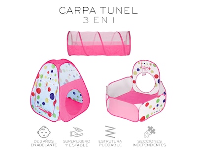Foto 2 | Alberca Pelotas Tunel Infantil 3 En 1 Tienda De Camapaña Para Niños Basitex Color Rosa