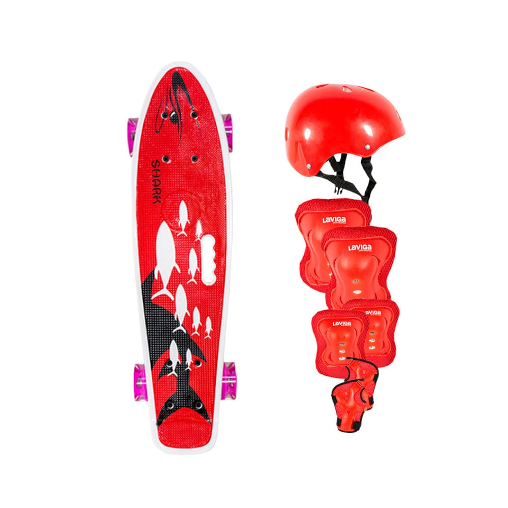 Kit Juvenil Patineta Penny Diseño Tiburones + Protecciones Rojo $899