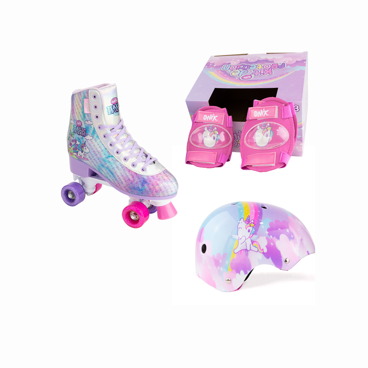 Patines de 4 Ruedas Onix Multicolor con Kit de Protección para Niña