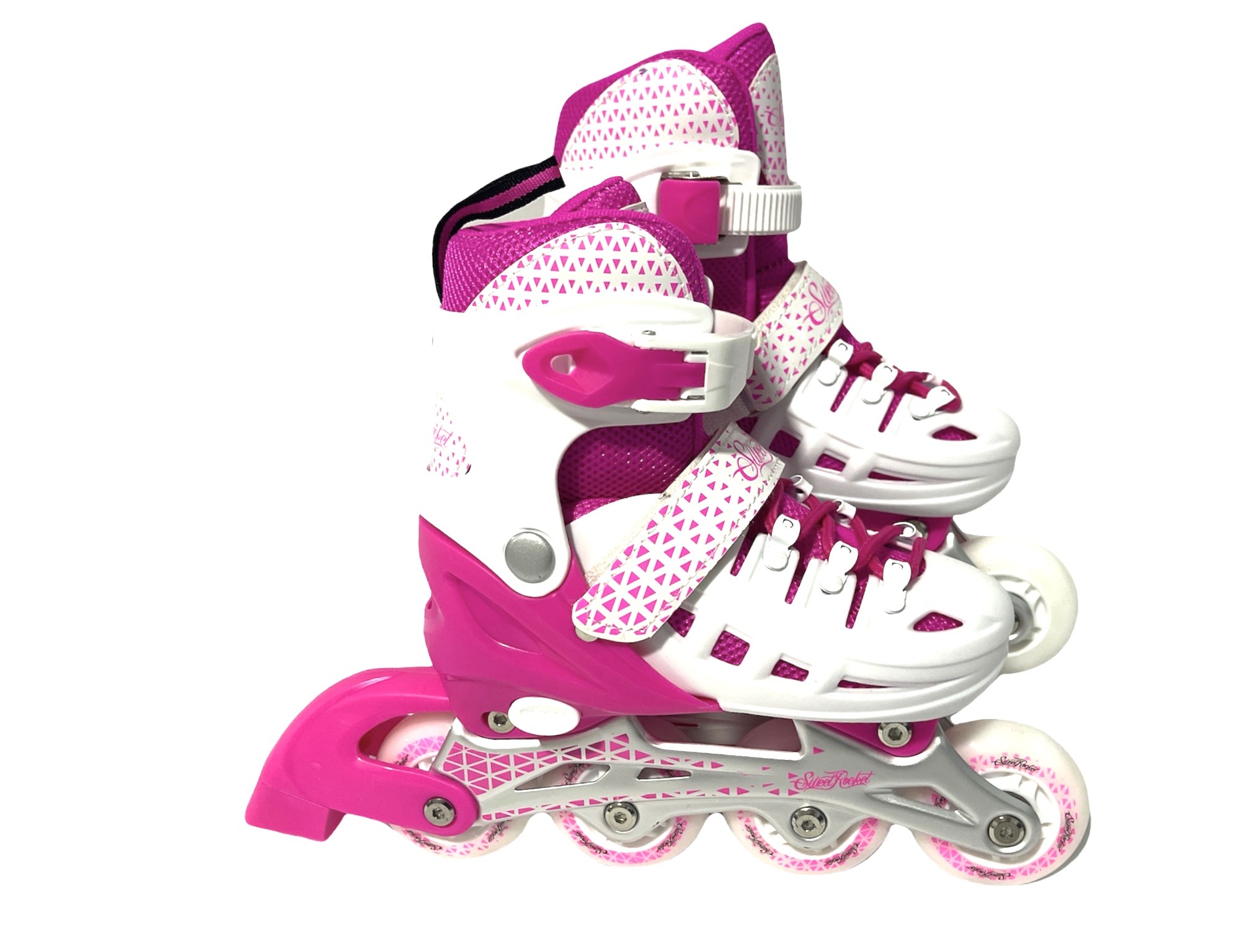 Combo Pro De Patines Ajustables Ch (19 A 21 Cm) Color Blanco Con Rosa Incluye Mochila, Set De Protecciones Y Kit Entr