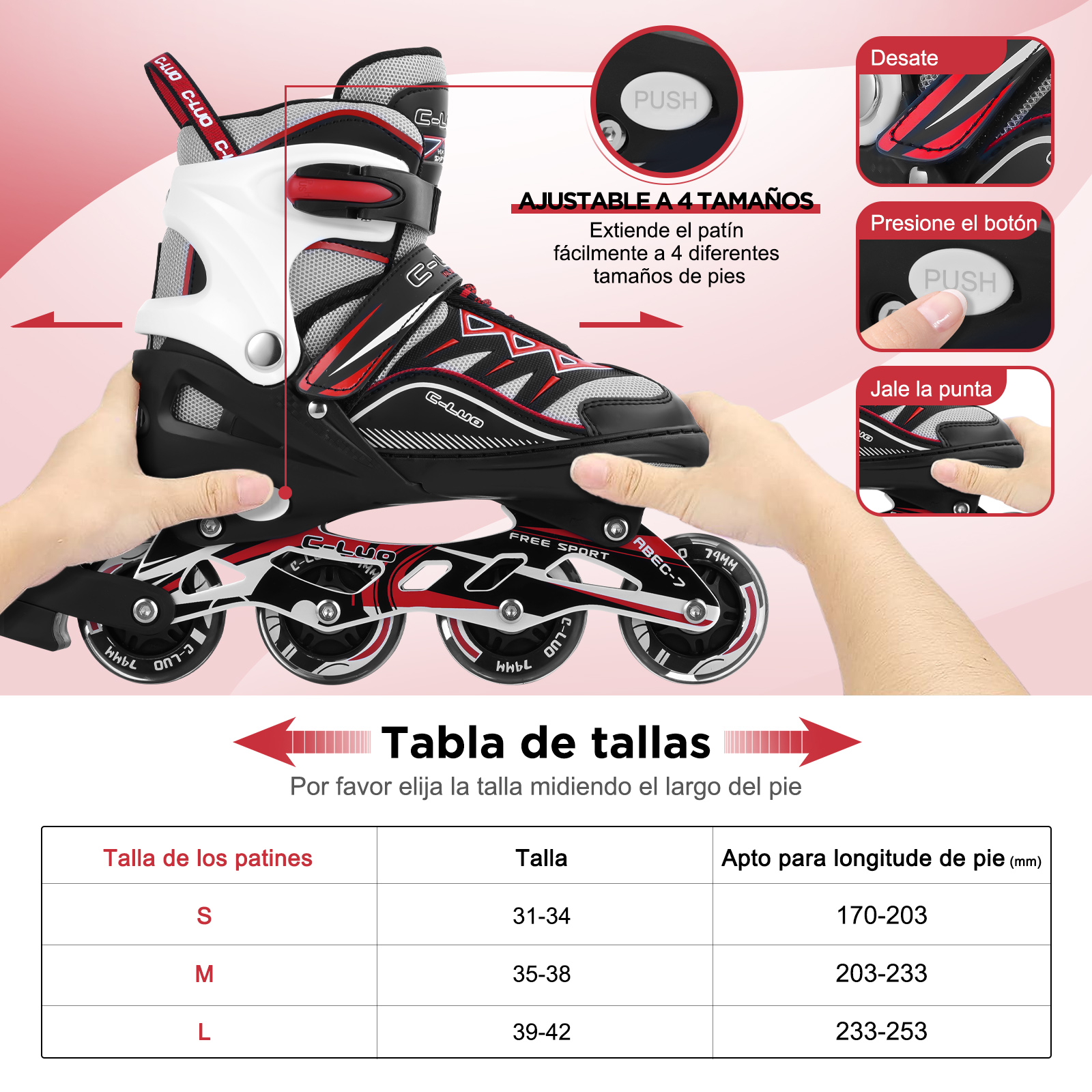 Foto 3 pulgar | Patines Ajustables para niños y Adultos con Llantas Iluminadas Generac S10109-L color Rojo/Negro