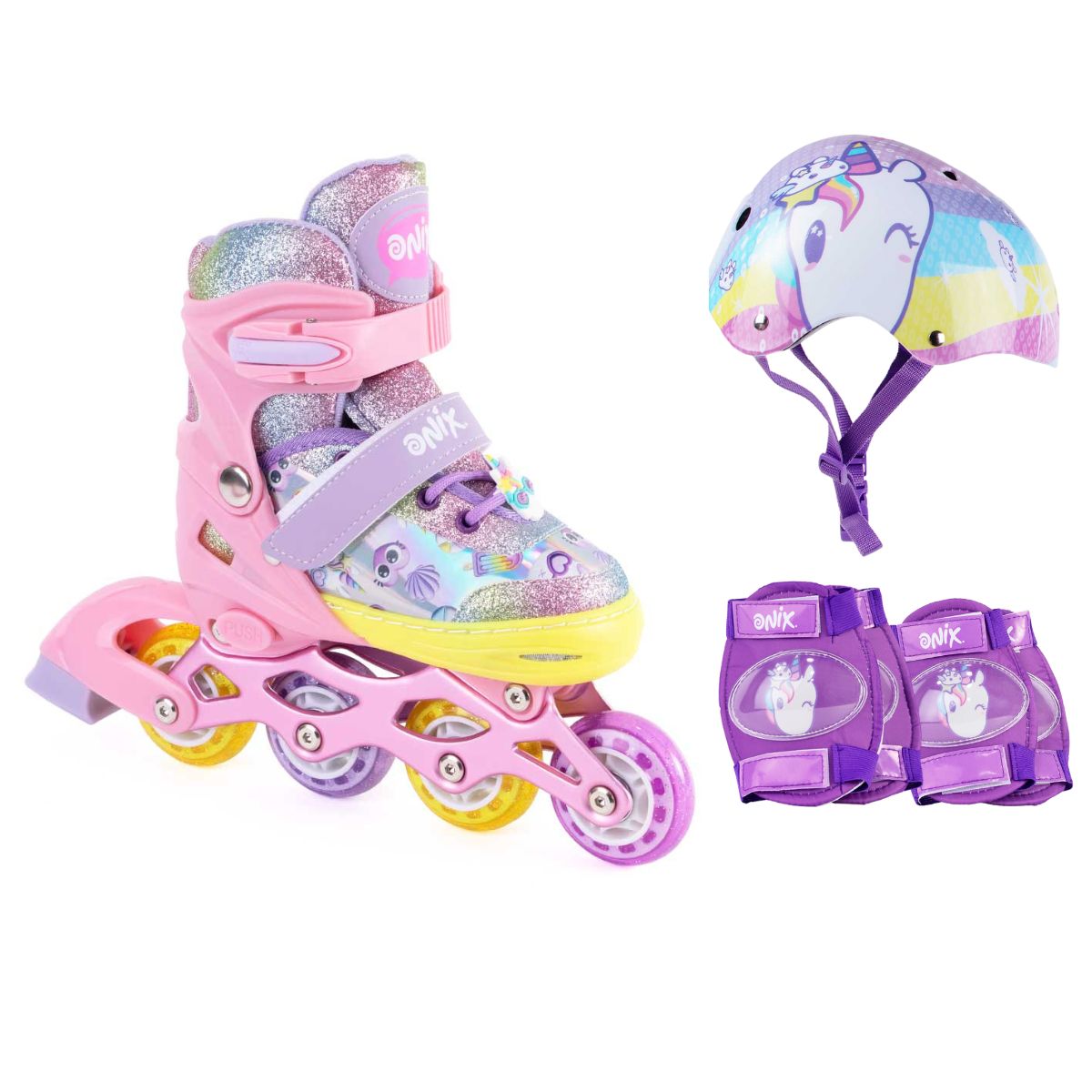 Patines De Línea Ajustables Onix Multicolor Glitter Con Kit De Protección Para Niña