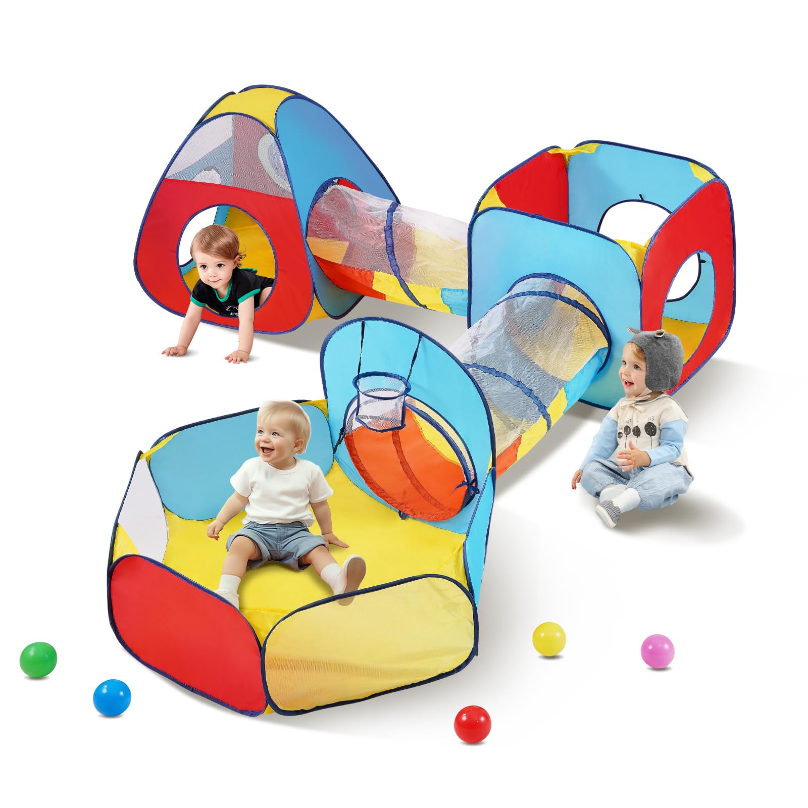 Foto 2 pulgar | Carpa De Juego Para Niños Vevor 5 En 1 Con Túnel, Canasta De Baloncesto Rojo/amarillo/azul - Venta Internacional.