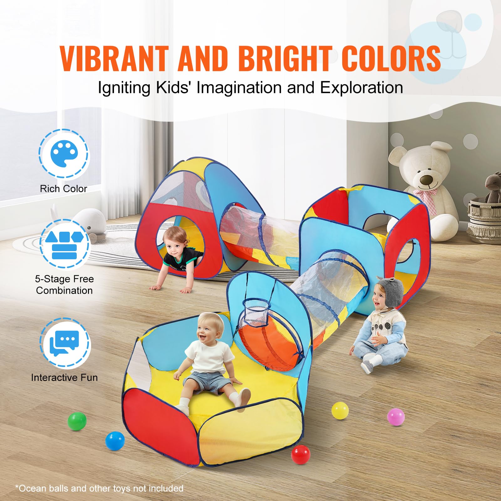 Foto 5 pulgar | Carpa De Juego Para Niños Vevor 5 En 1 Con Túnel, Canasta De Baloncesto Rojo/amarillo/azul - Venta Internacional.
