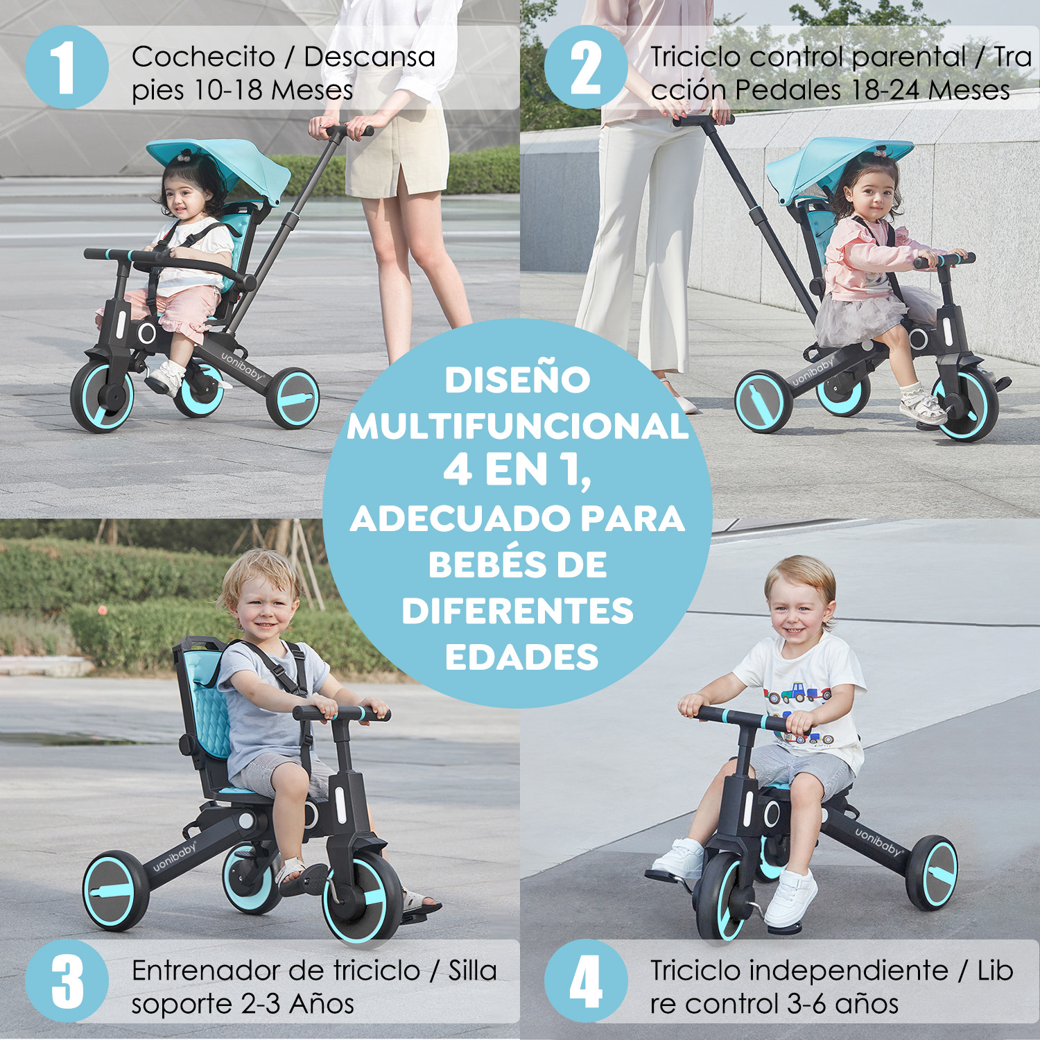 Foto 4 | Triciclo de Bebé 4 en 1 Sangkee Azul
