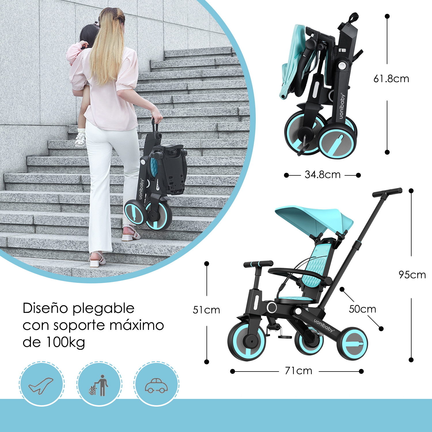 Foto 6 | Triciclo de Bebé 4 en 1 Sangkee Azul