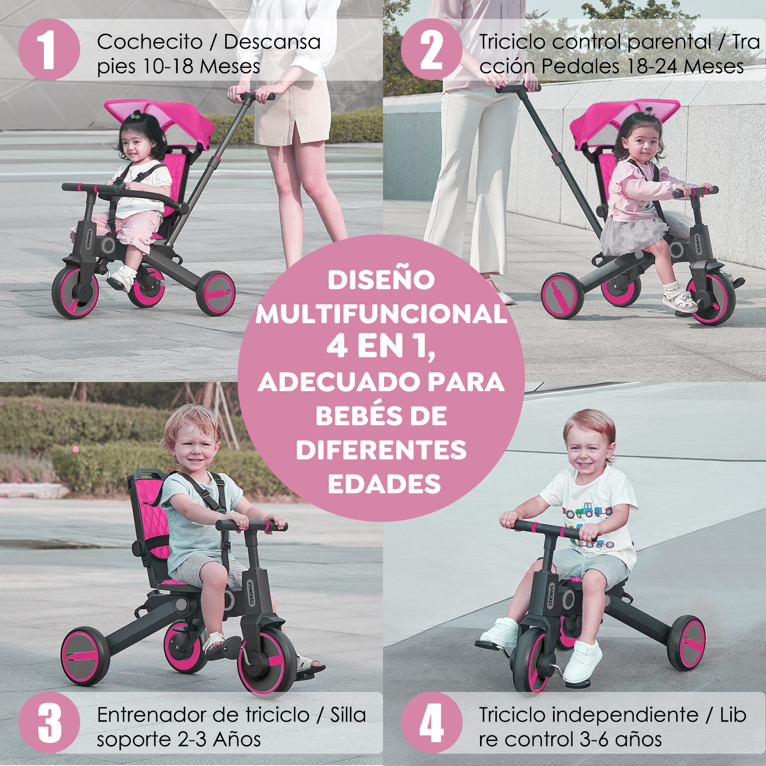 Foto 2 | Triciclo para Bebé 4 en 1 Sangkee Rosa