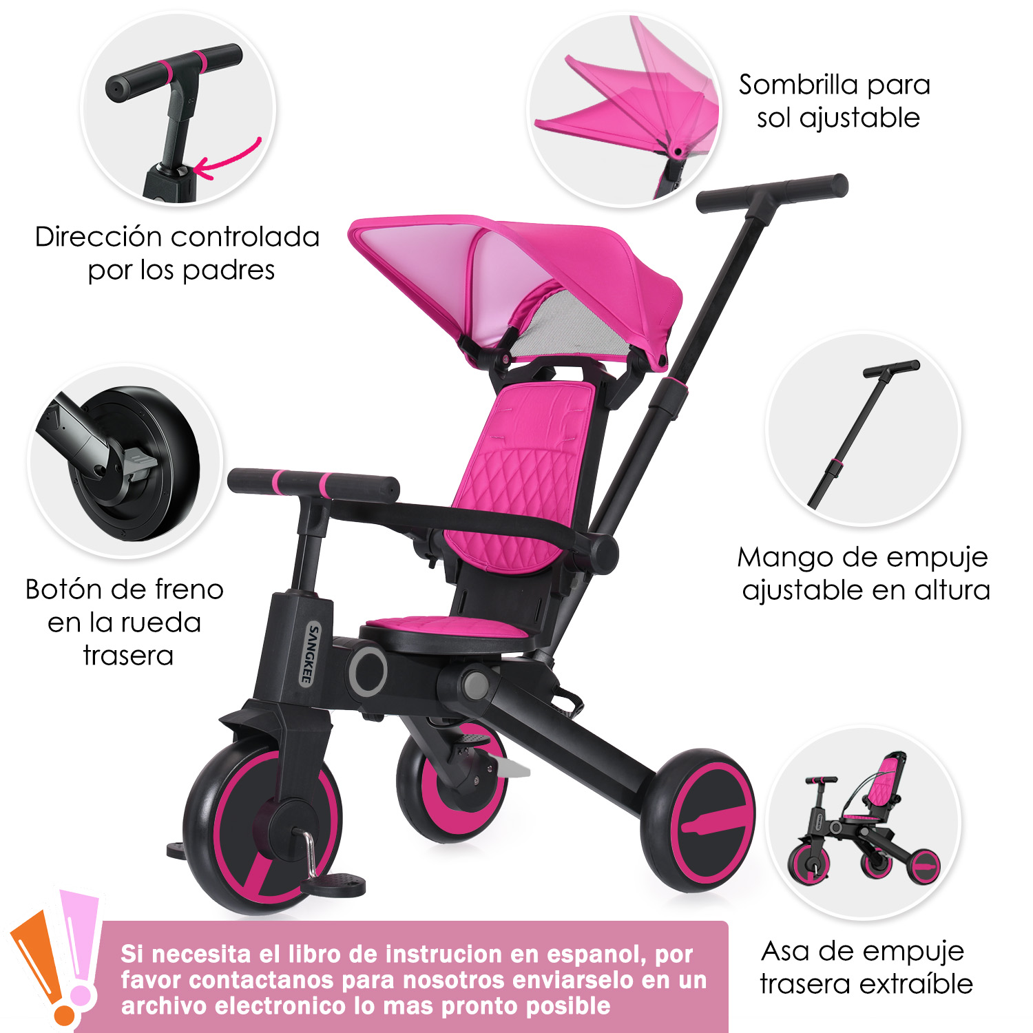 Foto 4 | Triciclo para Bebé 4 en 1 Sangkee Rosa
