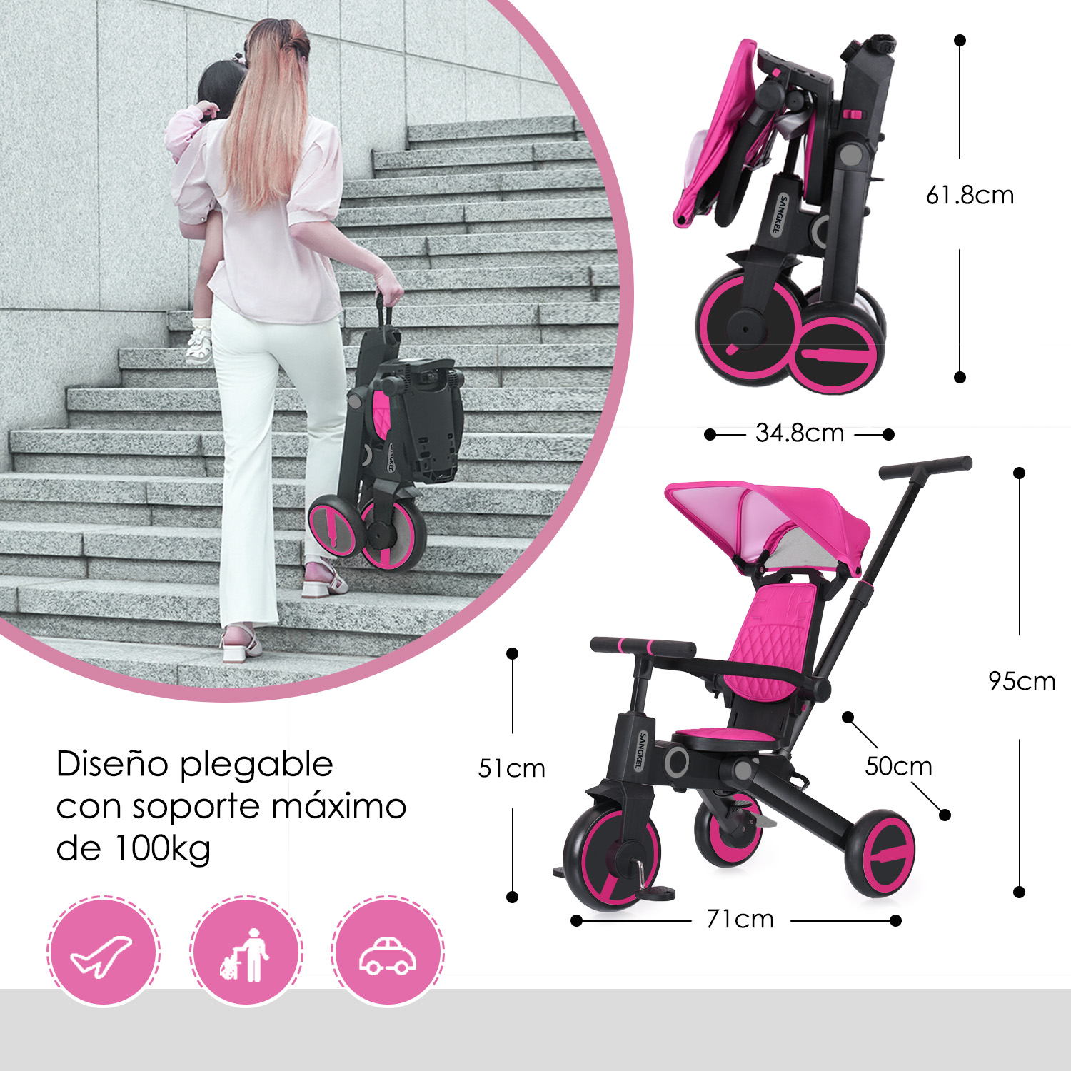 Foto 7 | Triciclo para Bebé 4 en 1 Sangkee Rosa