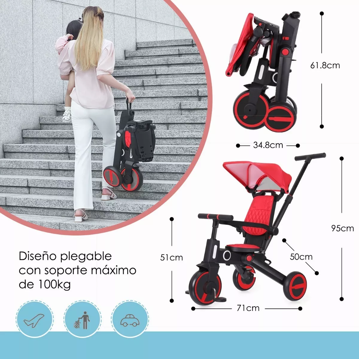 Foto 5 pulgar | Triciclo de Bebé 4 en 1 Sangkee S10006-Red color Rojo