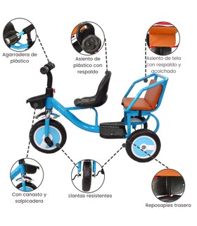 Foto 2 | Triciclo Genérica para Niños Infantil con Dos Asientos y Canasto color Azul
