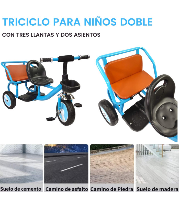Foto 4 pulgar | Triciclo Genérica para Niños Infantil con Dos Asientos y Canasto color Azul
