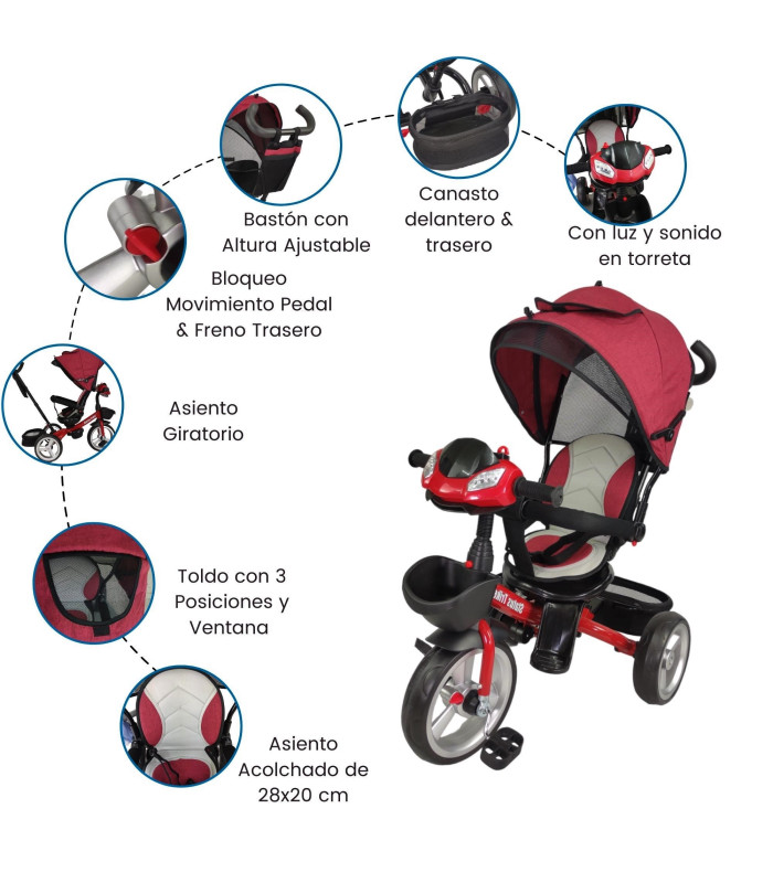 Foto 4 pulgar | Triciclo para Niños 7 en 1 con Asiento Giratorio 360 Luz y Sonido Rojo