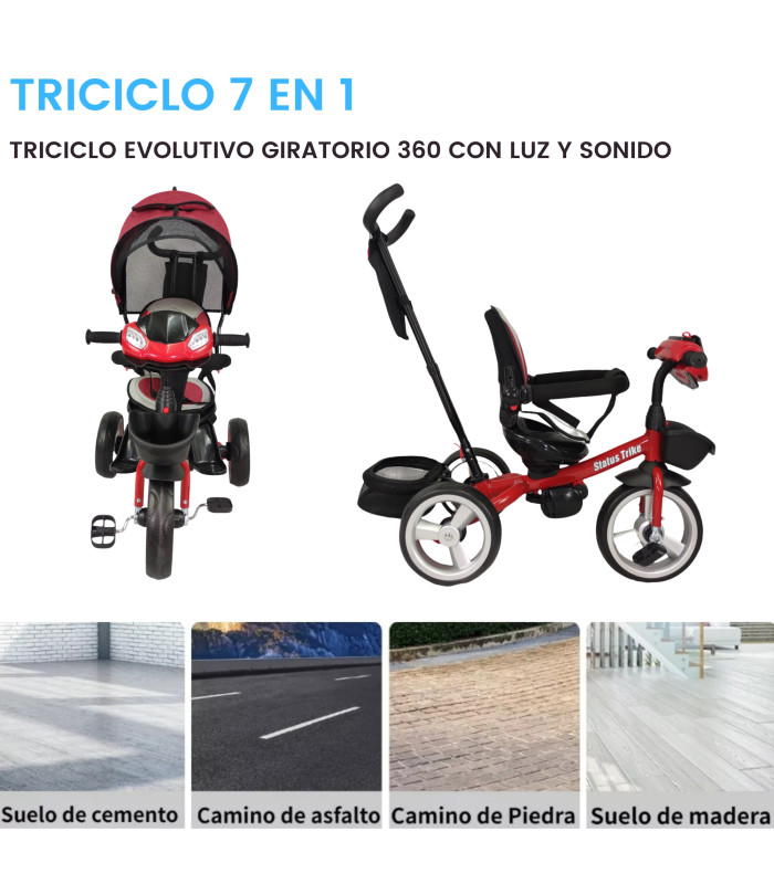 Foto 5 pulgar | Triciclo para Niños 7 en 1 con Asiento Giratorio 360 Luz y Sonido Rojo