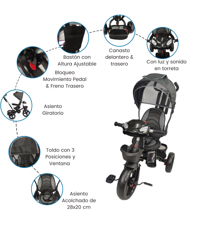 Foto 4 pulgar | Triciclo para Niños 7 en 1 con Luz Sonido Asiento Giratorio 360 Negro