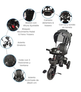 Foto 3 | Triciclo para Niños 7 en 1 con Luz Sonido Asiento Giratorio 360 Negro