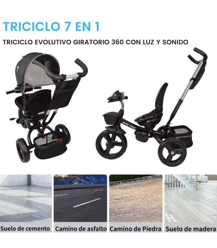 Foto 5 pulgar | Triciclo para Niños 7 en 1 con Luz Sonido Asiento Giratorio 360 Negro