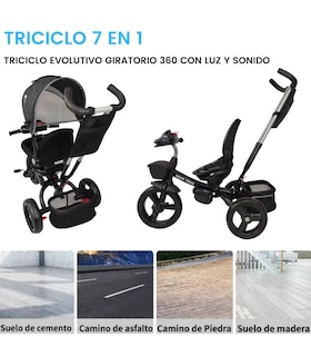 Foto 4 | Triciclo para Niños 7 en 1 con Luz Sonido Asiento Giratorio 360 Negro