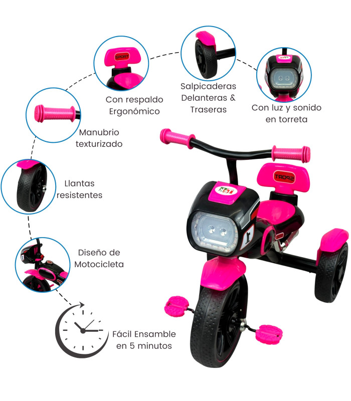 Foto 3 pulgar | Triciclo para Niños Diseño de Motocicleta Rosa con Luz y Sonido