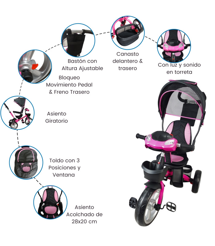 Foto 4 pulgar | Triciclo Rosa para Niños 7 en 1 con Asiento Giratorio 360°