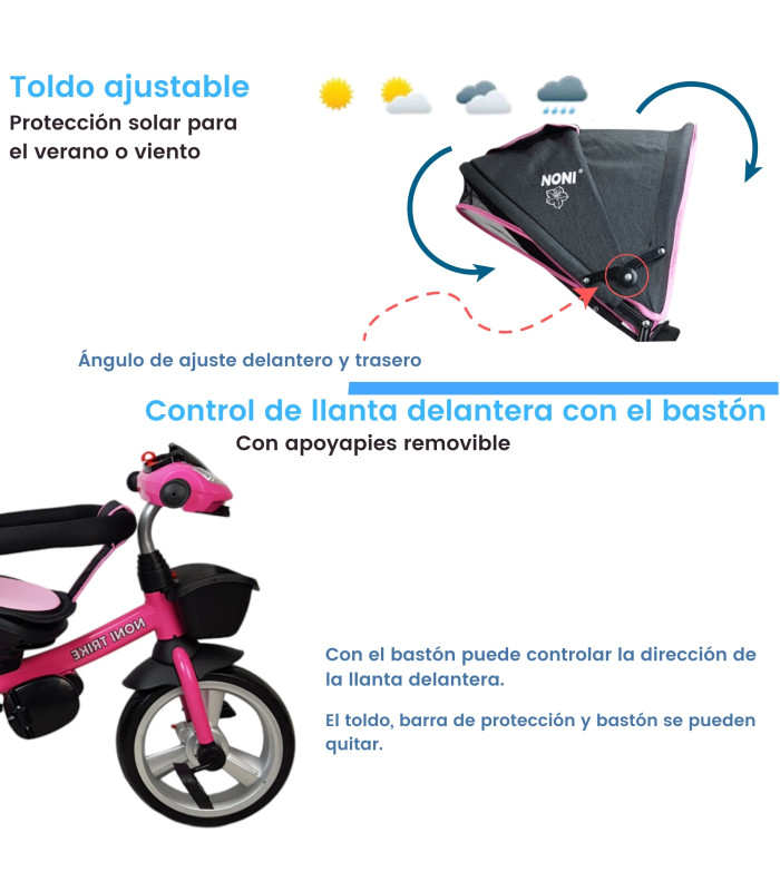 Foto 6 pulgar | Triciclo Rosa para Niños 7 en 1 con Asiento Giratorio 360°