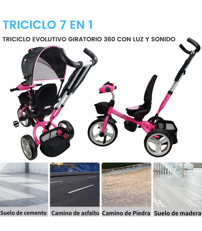 Foto 7 pulgar | Triciclo Rosa para Niños 7 en 1 con Asiento Giratorio 360°