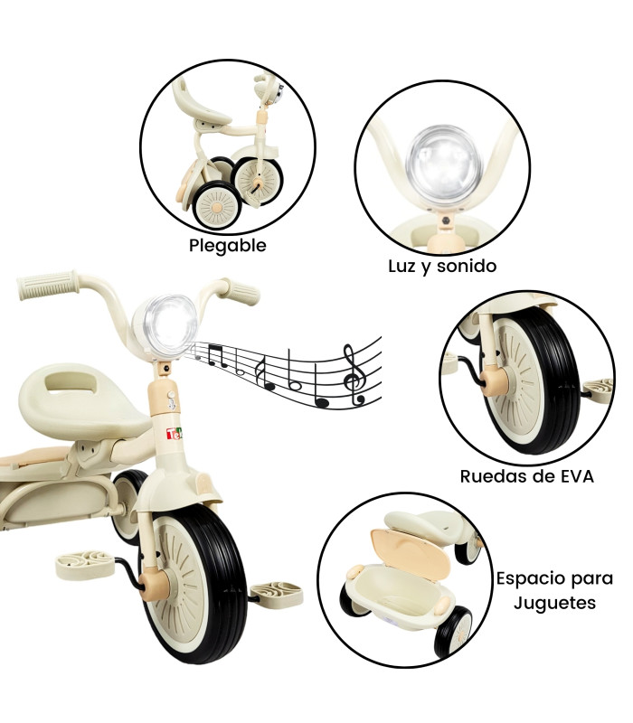 Foto 8 pulgar | Triciclo Plegable con Luz y Sonido Beige para Niños