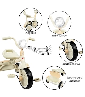 Foto 7 | Triciclo Plegable con Luz y Sonido Beige para Niños