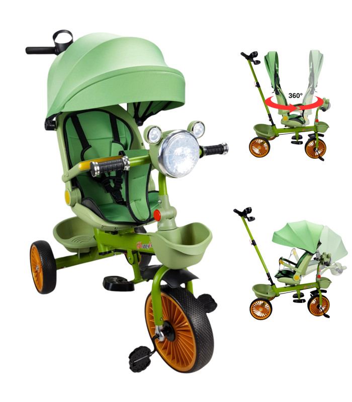 Triciclo Verde para Niños con Asiento Giratorio Bastón Luz y Sonido