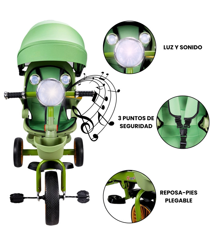 Foto 3 pulgar | Triciclo Verde para Niños con Asiento Giratorio Bastón Luz y Sonido