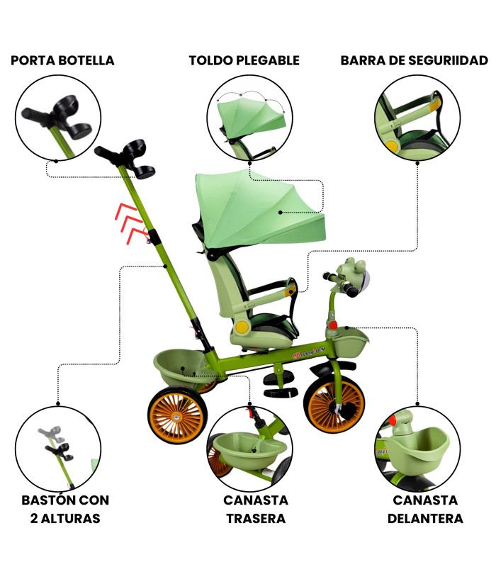 Foto 4 pulgar | Triciclo Verde para Niños con Asiento Giratorio Bastón Luz y Sonido