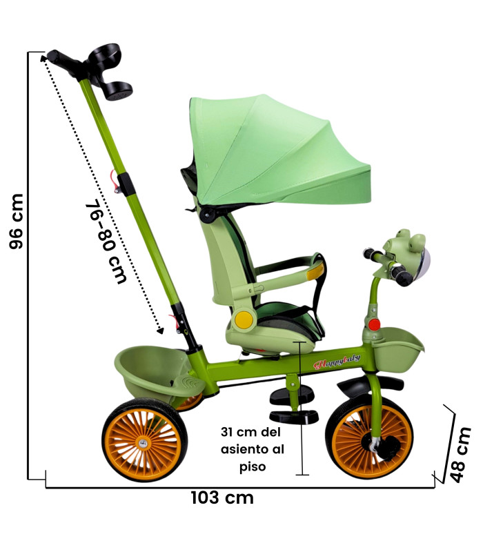 Foto 5 pulgar | Triciclo Verde para Niños con Asiento Giratorio Bastón Luz y Sonido