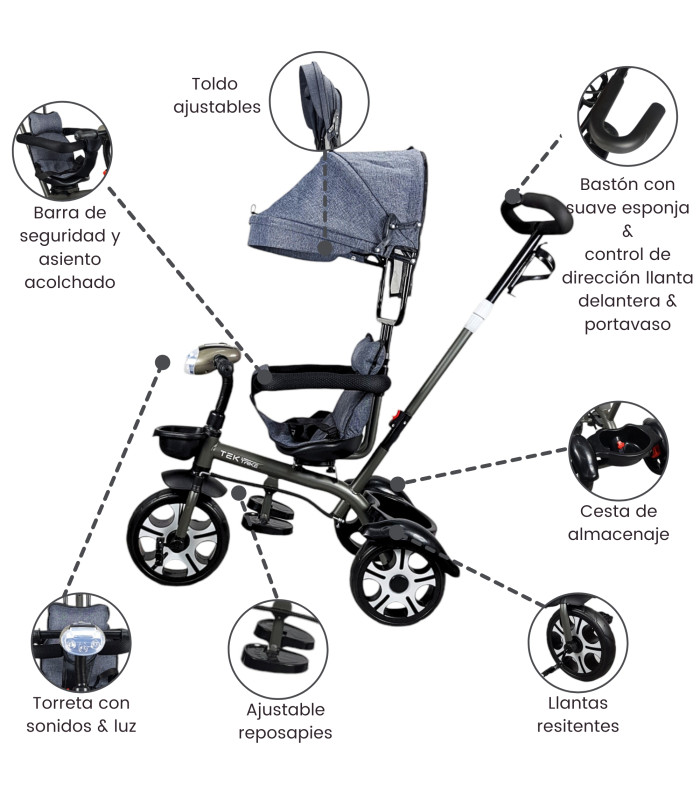Foto 2 | Triciclo Evolutivo para Niños con Asiento Giratorio 360 Luz Capota - Gris