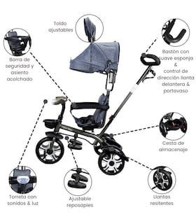 Foto 2 | Triciclo Evolutivo para Niños con Asiento Giratorio 360 Luz Capota - Gris