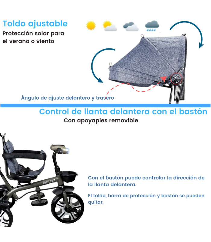 Foto 3 | Triciclo Evolutivo para Niños con Asiento Giratorio 360 Luz Capota - Gris