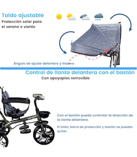 Foto 3 | Triciclo Evolutivo para Niños con Asiento Giratorio 360 Luz Capota - Gris