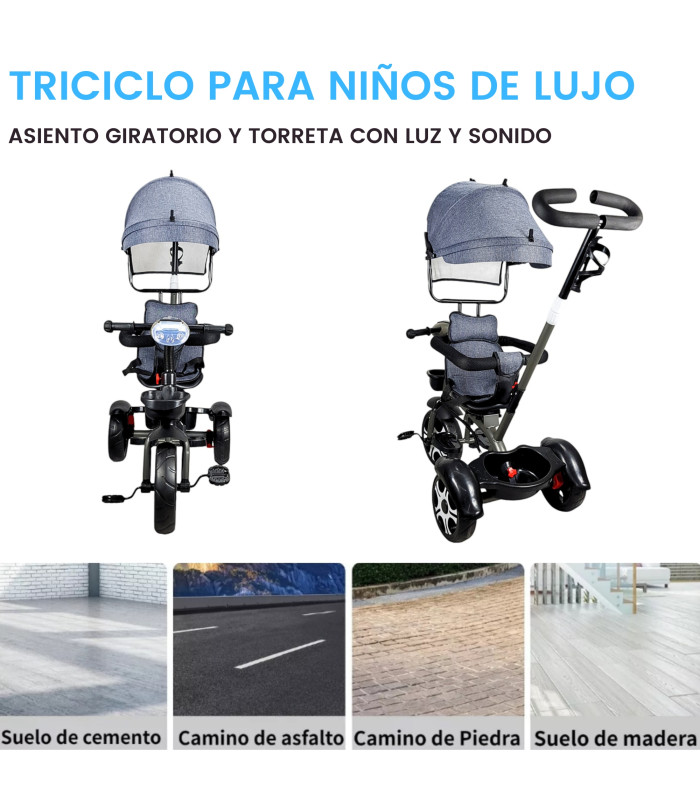 Foto 4 | Triciclo Evolutivo para Niños con Asiento Giratorio 360 Luz Capota - Gris