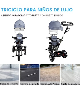 Foto 4 | Triciclo Evolutivo para Niños con Asiento Giratorio 360 Luz Capota - Gris