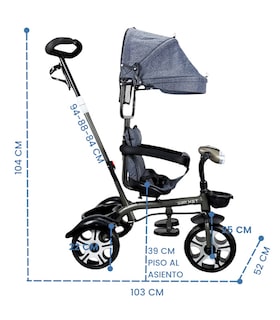 Foto 5 | Triciclo Evolutivo para Niños con Asiento Giratorio 360 Luz Capota - Gris