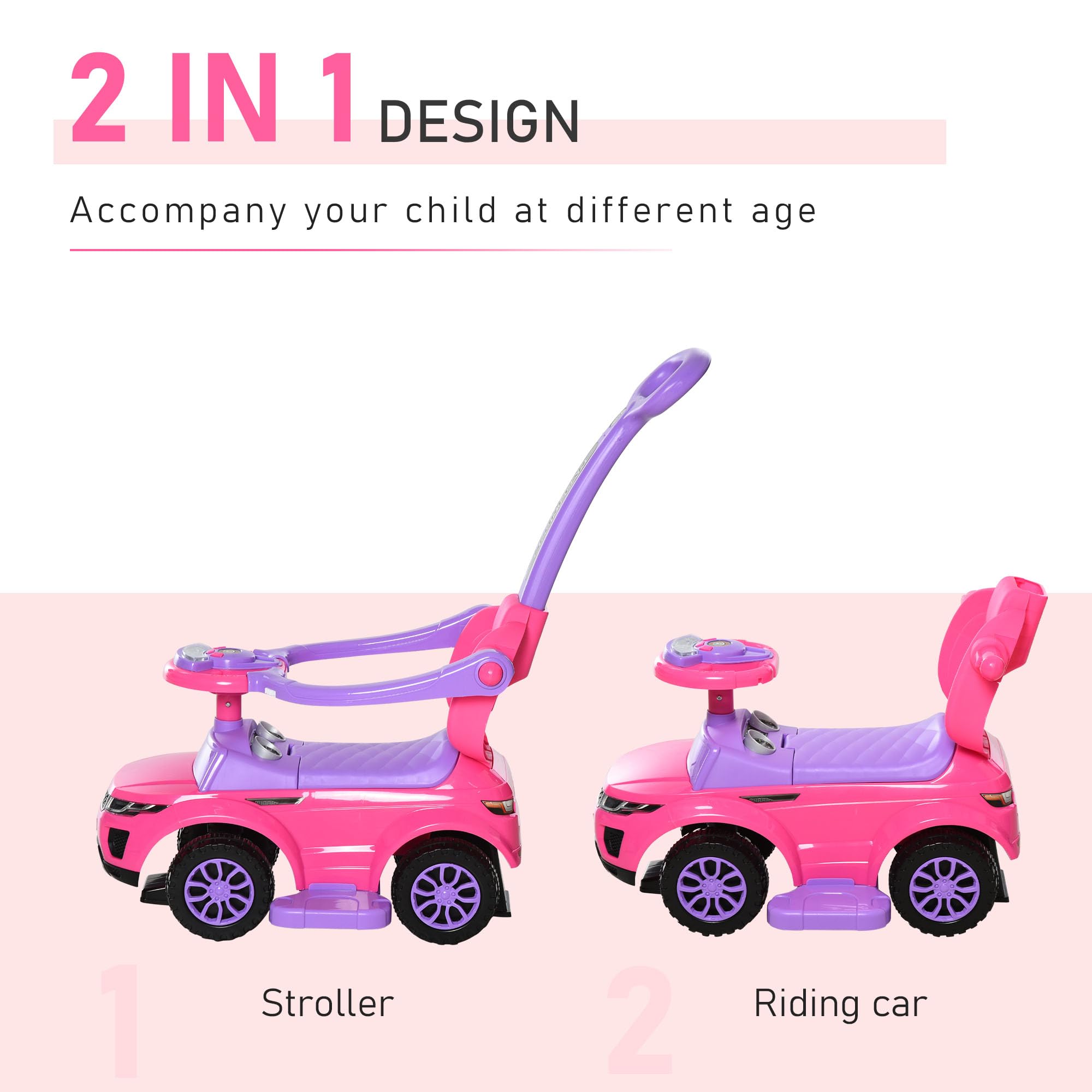 Foto 4 pulgar | Push Car Aosom 2 En 1 Para Niños Pequeños Con Música De Trompa De 1 A 3 Años - Venta Internacional.