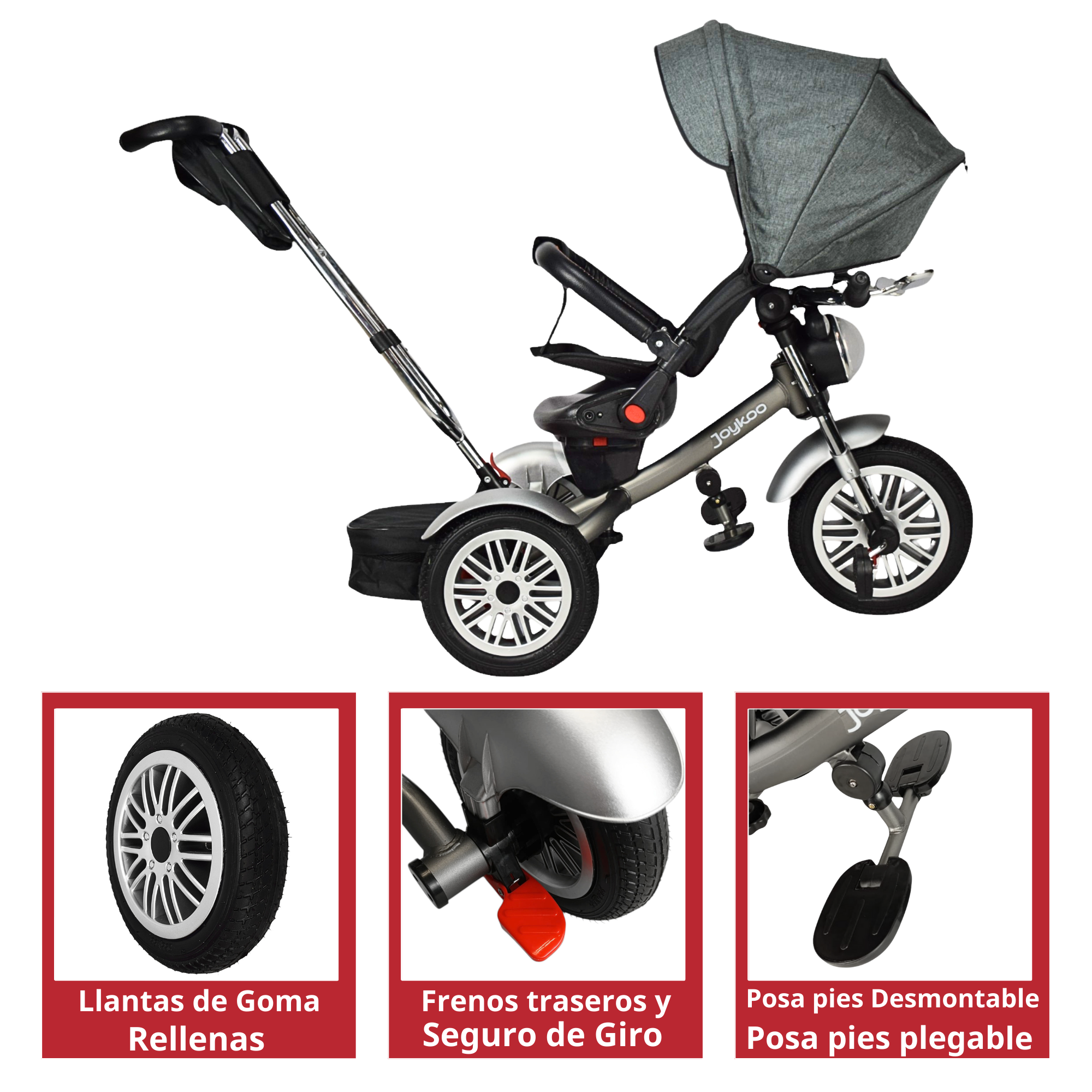 Foto 6 pulgar | Triciclo para Niños Asiento Reclinable Giratorio 360 Sonido Llanta Goma - Gris
