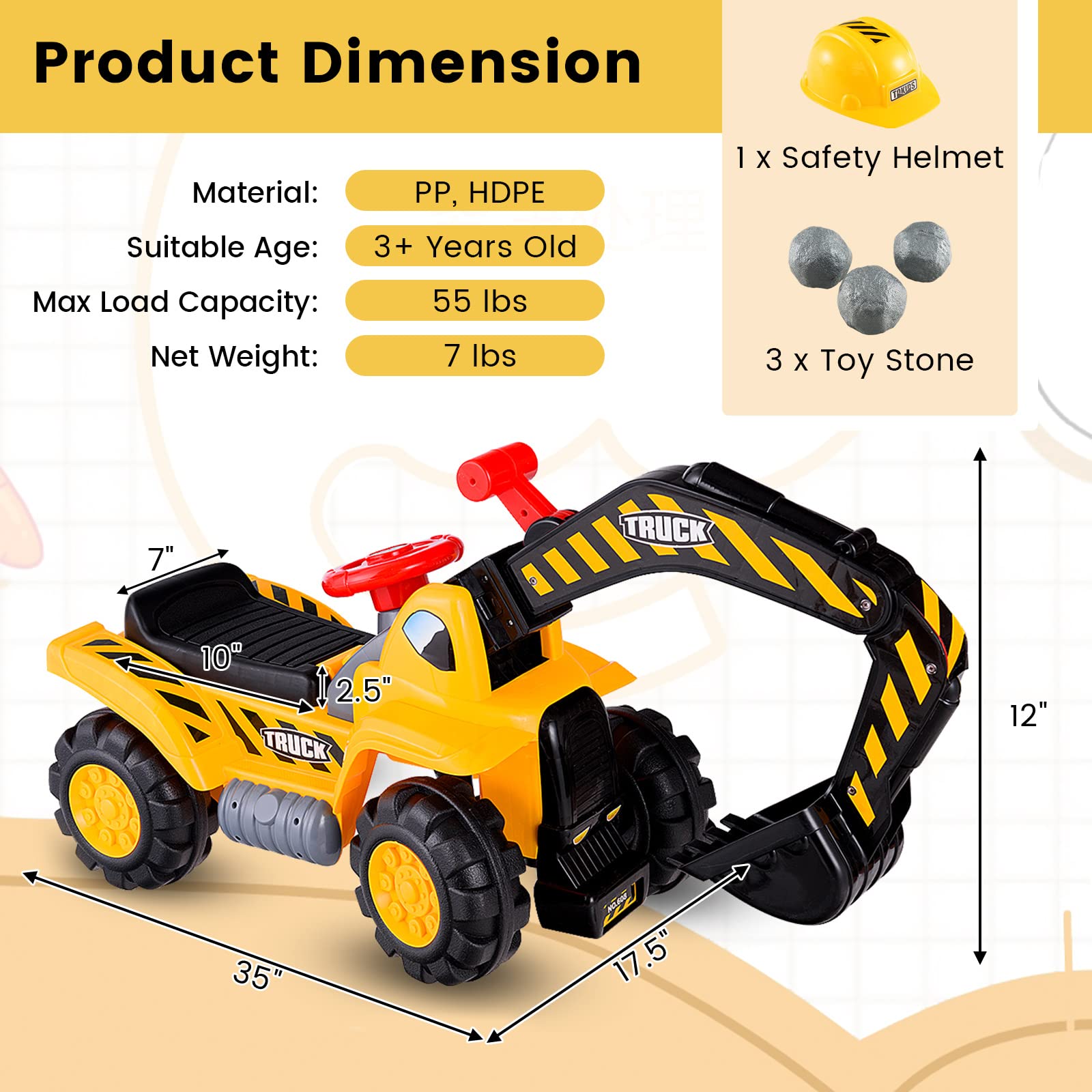 Foto 7 pulgar | Excavadora Ride On Construction Costzon Para Niños Con Casco Desde Hace Más De 3 Años - Venta Internacional.