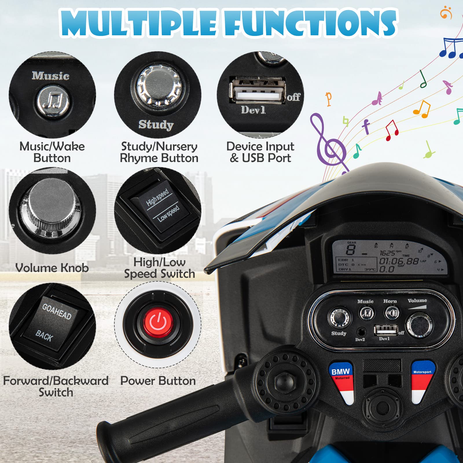 Foto 5 pulgar | Ride On Motorcycle Costzon Kids Bmw 12v Con Faros Delanteros Azules - Venta Internacional.