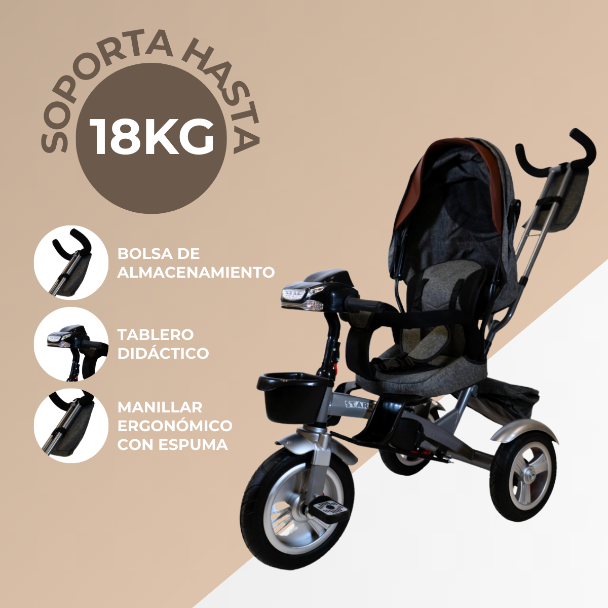 Foto 4 pulgar | Triciclo Bicicleta Infantil Starkids Sk5532 con Luz Gris