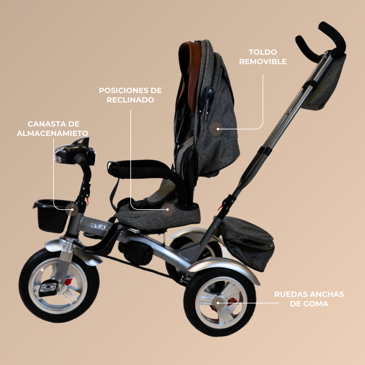 Foto 5 pulgar | Triciclo Bicicleta Infantil Starkids Sk5532 con Luz Gris