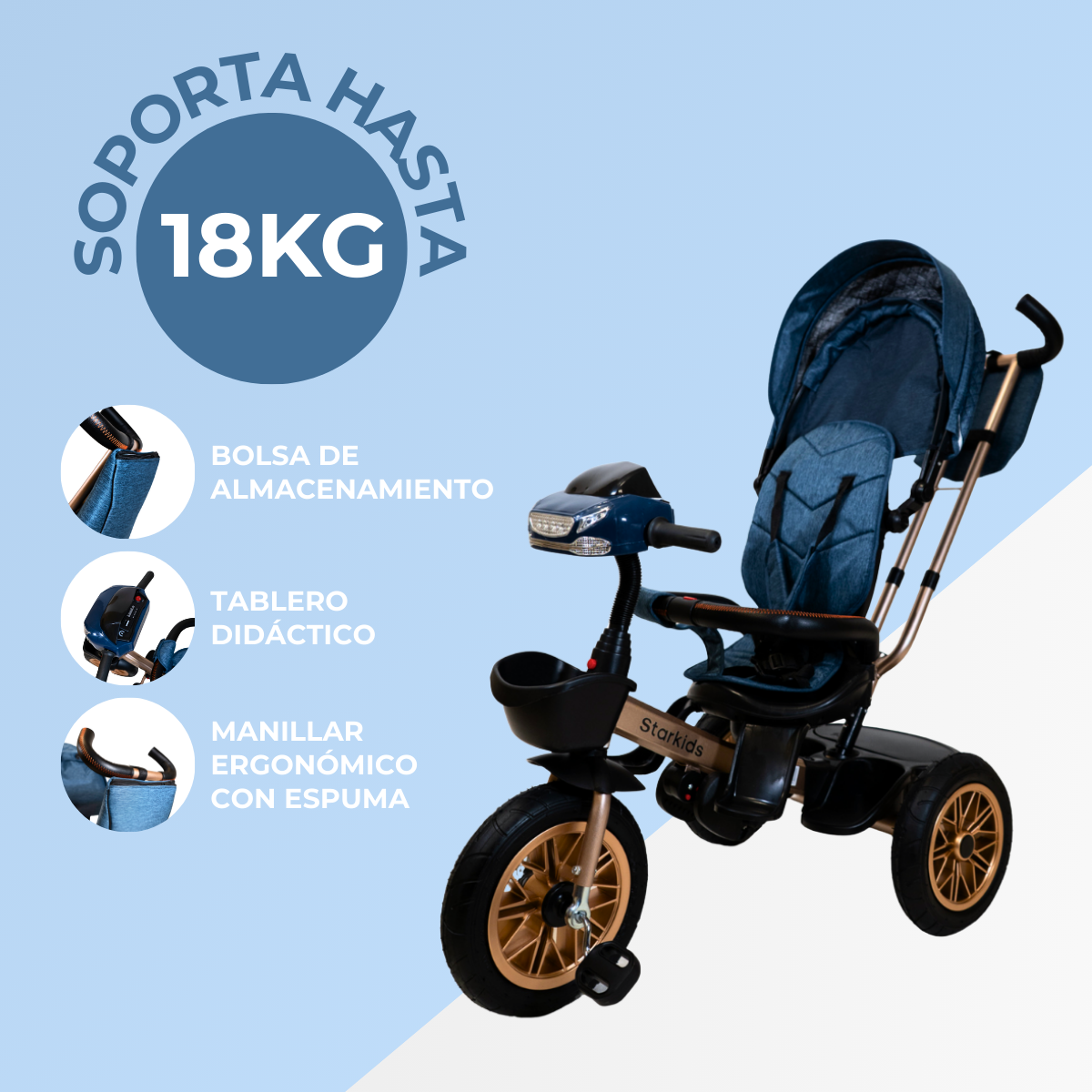 Foto 3 pulgar | Triciclo Infantil Starkids Sk5548 Bicicleta con Luz Azul
