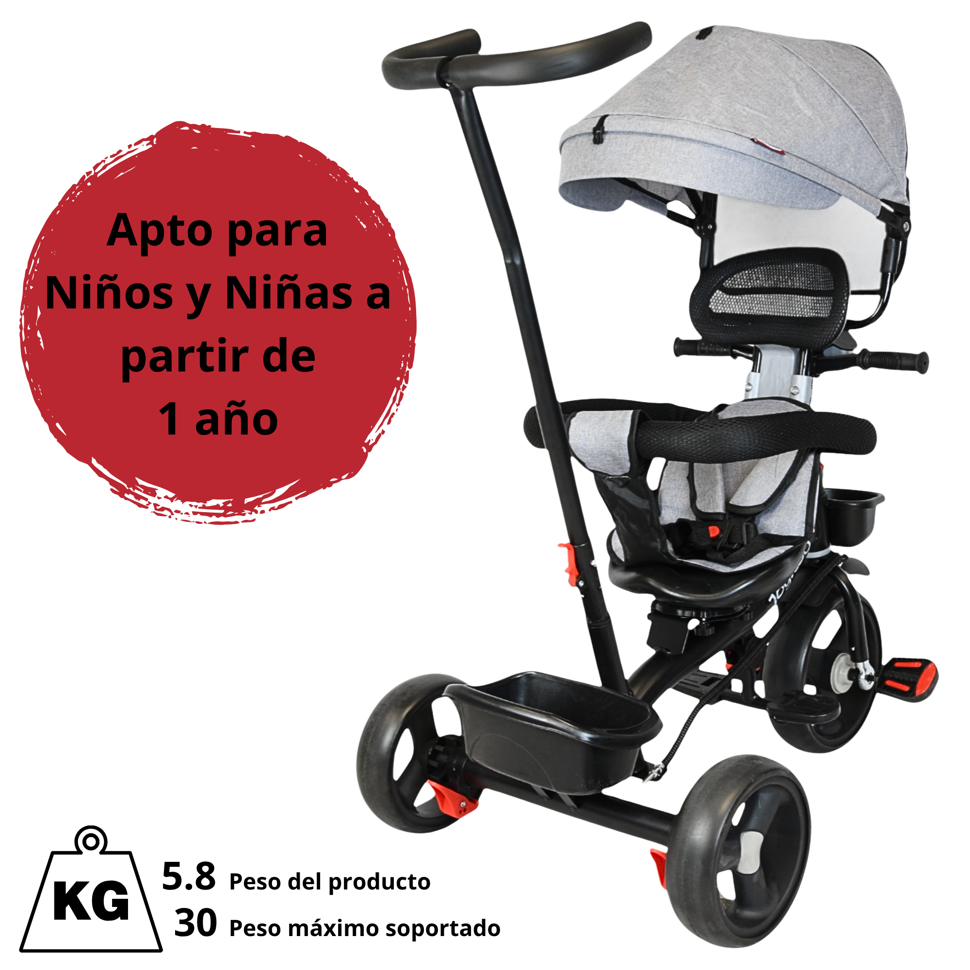 Foto 7 pulgar | Triciclo Evolutivo Para Niños Asiento Giratorio 360 Torreta Con Luz Y Sonido Bastón De Empuje Soporta Hasta 30 Kg - Gr