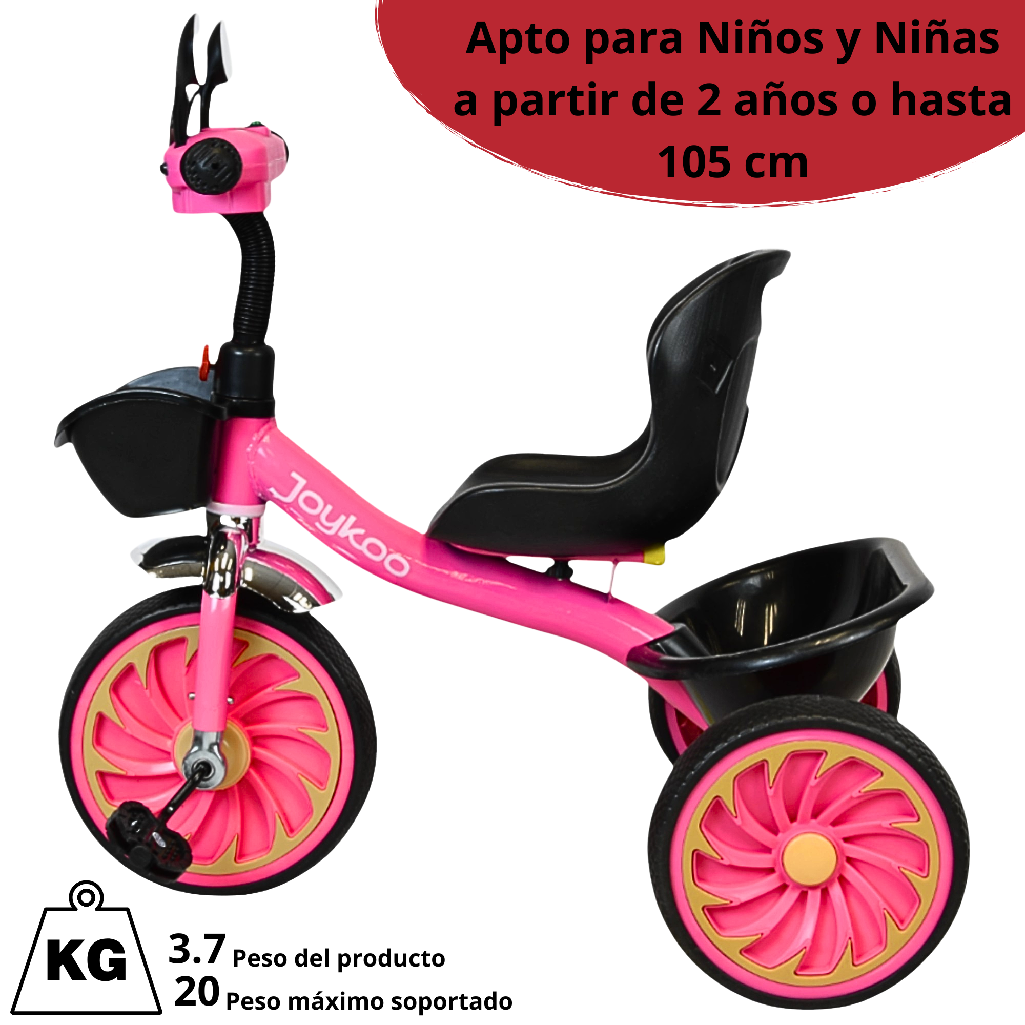 Foto 6 pulgar | Triciclo Para Niños Torreta Con Luz Y Sonido Ruedas De Eva Apto A Partir De 2 Años Soporta Hasta 20 Kg - Rosa