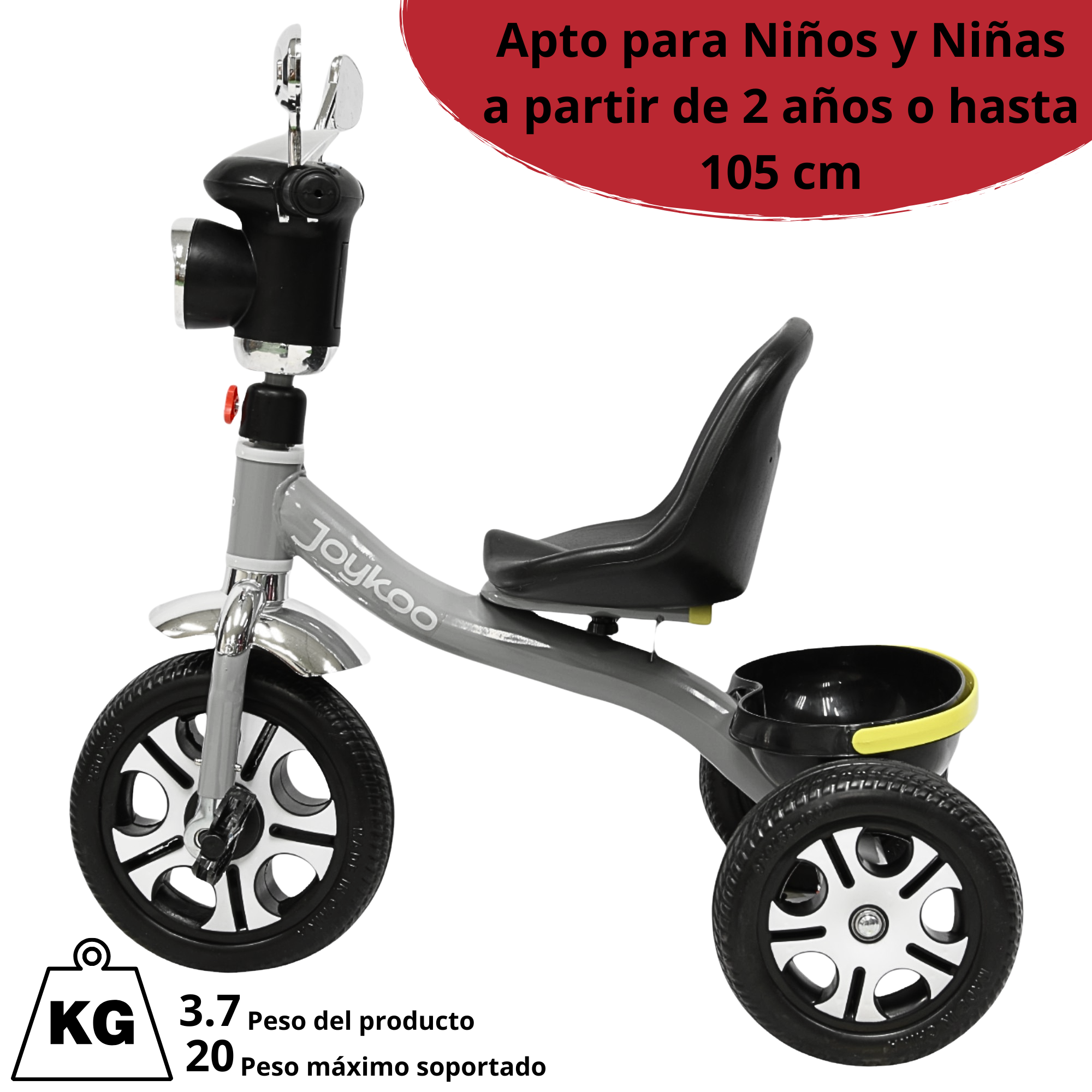 Foto 6 pulgar | Triciclo Para Niños Faro Con Luz Y Sonido Espejos Ruedas De Eva Apto A Partir De 2 Años - Gris