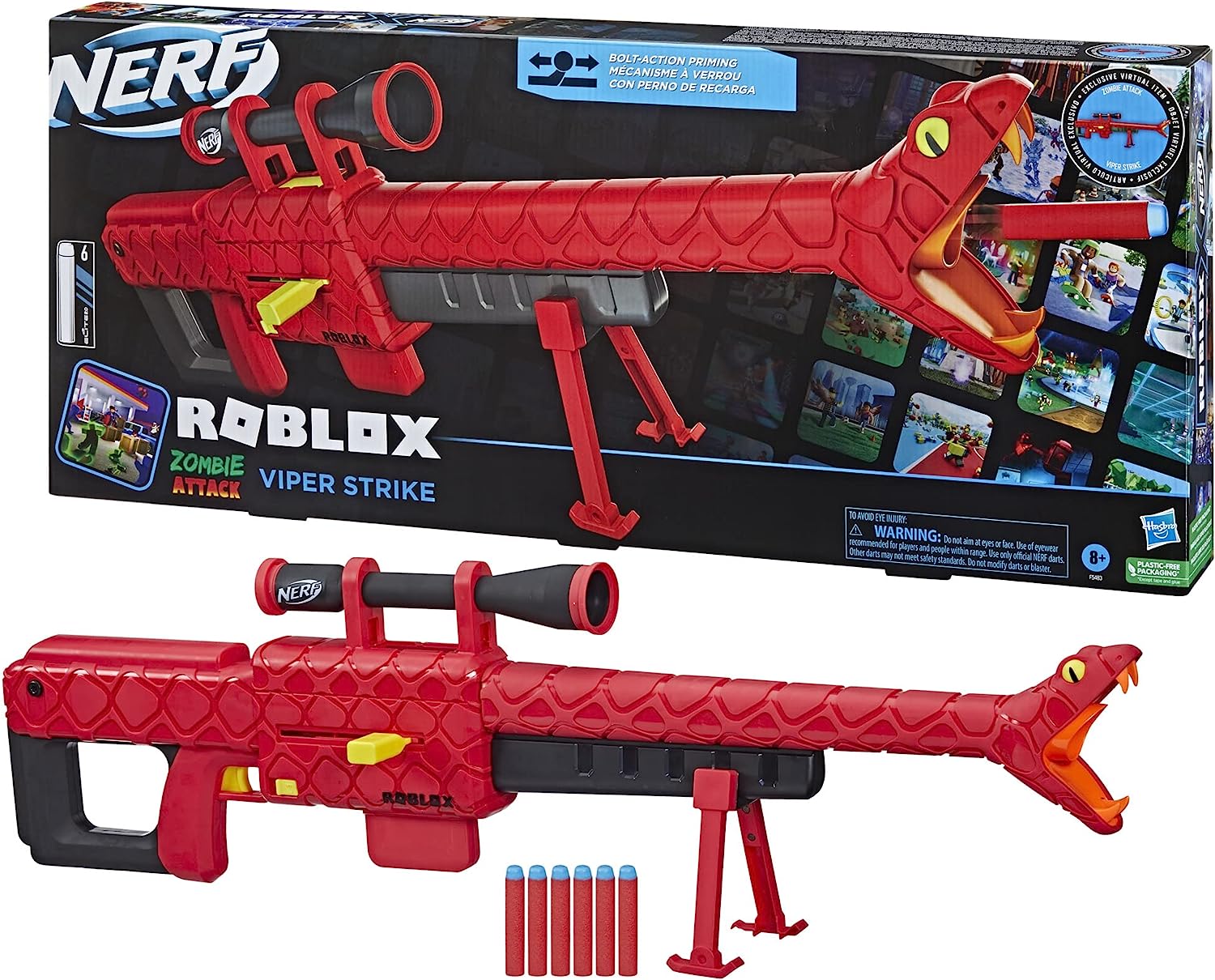 Foto 2 pulgar | Nerf Roblox Zombie Attack: Viper Strike Sniper-inspired Blaster Con Alcance, Código Para Artículo Virtual Exclusivo G